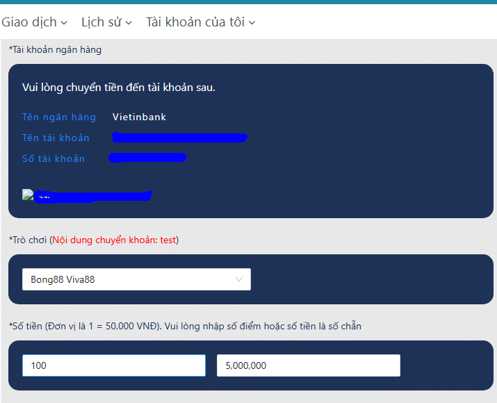 điền số tiền nạp viva88viet